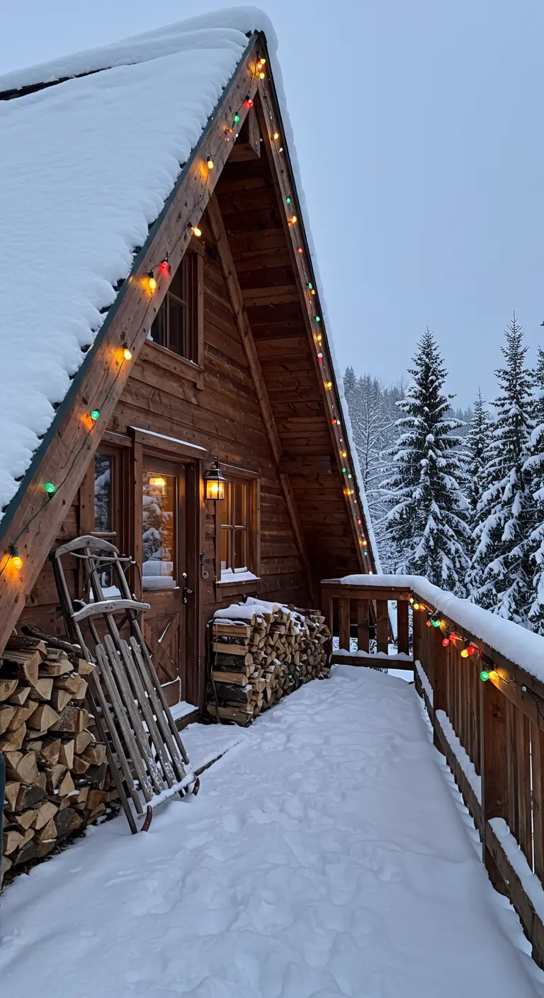 A-frame cabin porch with colorful C9 lights, stacked firewood, and vintage sleds.