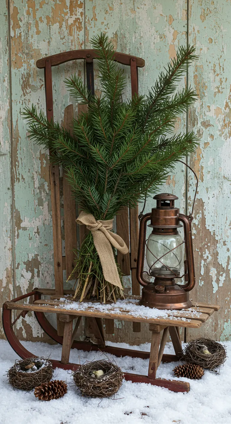 A vintage sled holds a bundle of pine branches next to a copper lantern.