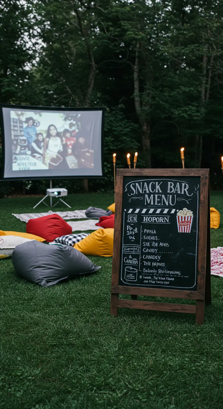 An A-frame chalkboard snack menu for an outdoor movie night.