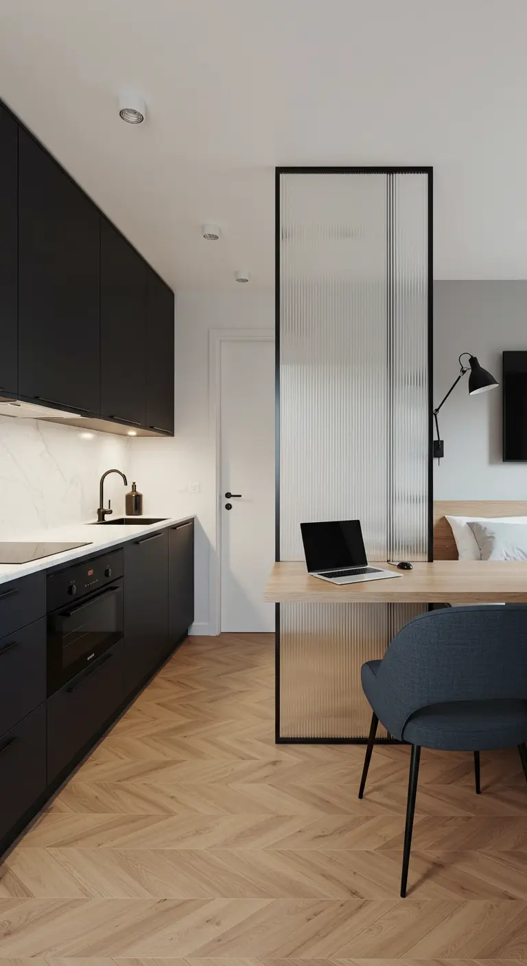 A matte black kitchen next to a home office nook separated by a reeded glass panel.