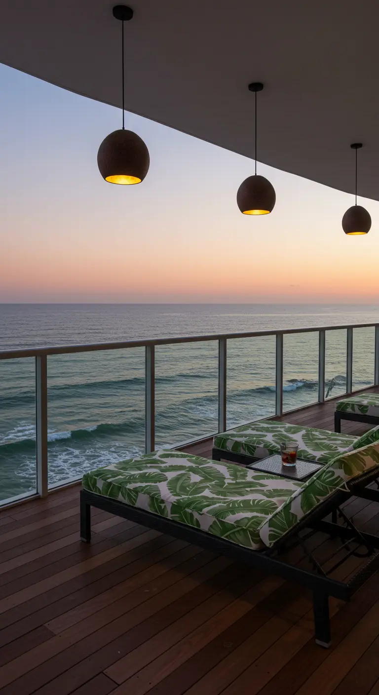 Three pendant lights hanging over lounge chairs with tropical print cushions.