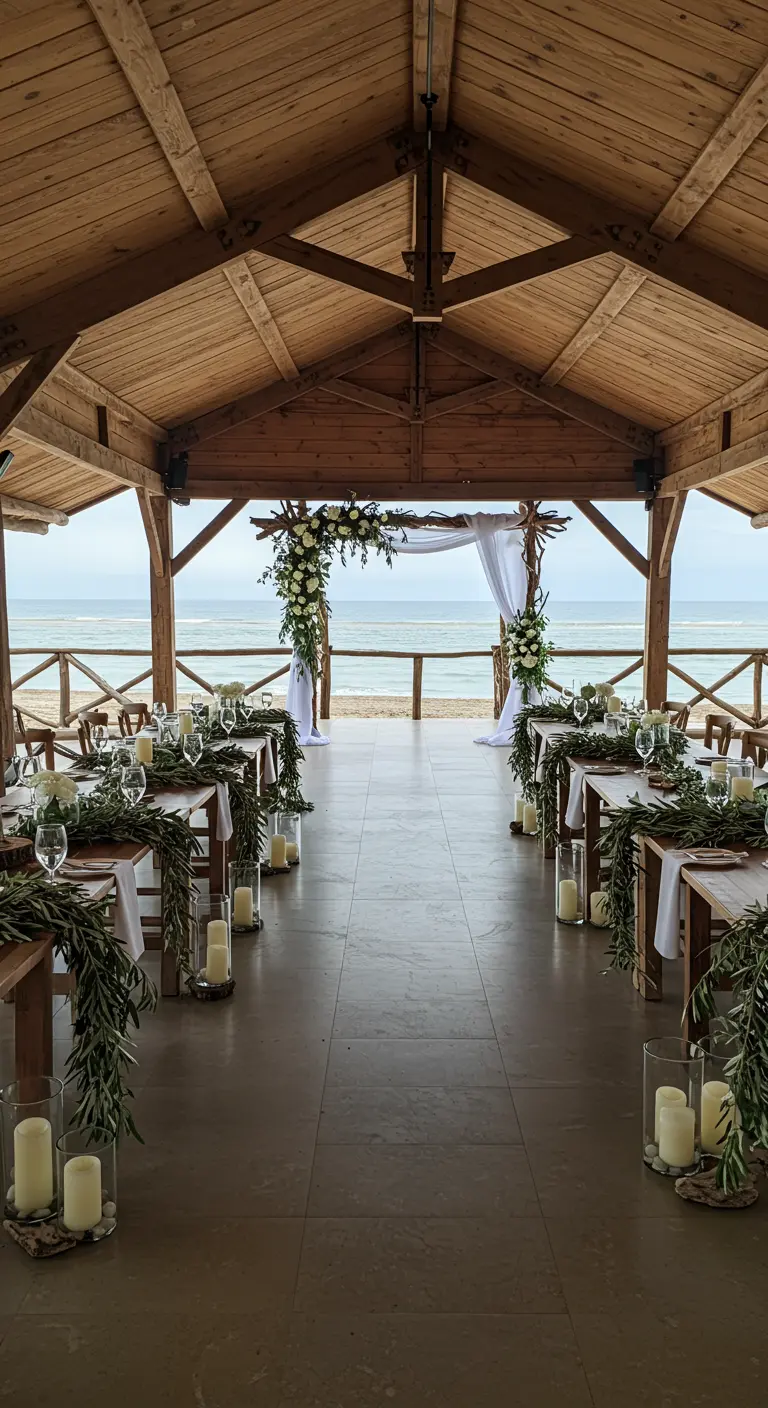 View down a wedding aisle of long tables with greenery garlands leading to a driftwood arch.