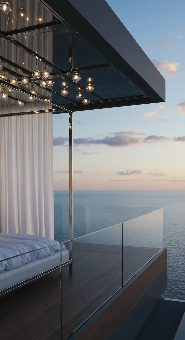 Ultra-modern chrome canopy bed on a glass-railed balcony overlooking the ocean.
