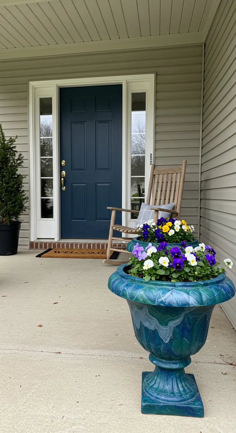 A large urn planter with a blue and green marble finish, filled with pansies at a front door.