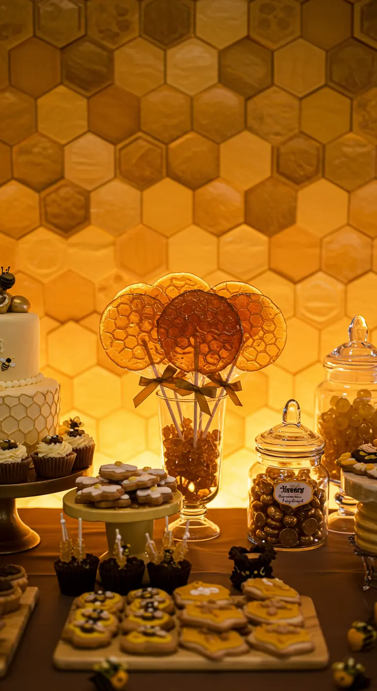 Bee and honey-themed dessert table with a honeycomb backdrop and amber lollipops.