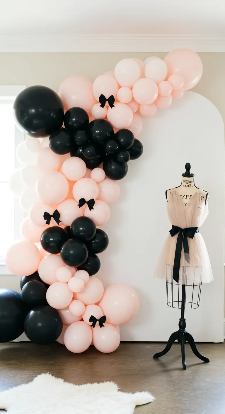 A pink and black balloon arch with tiny bows next to a dress form.