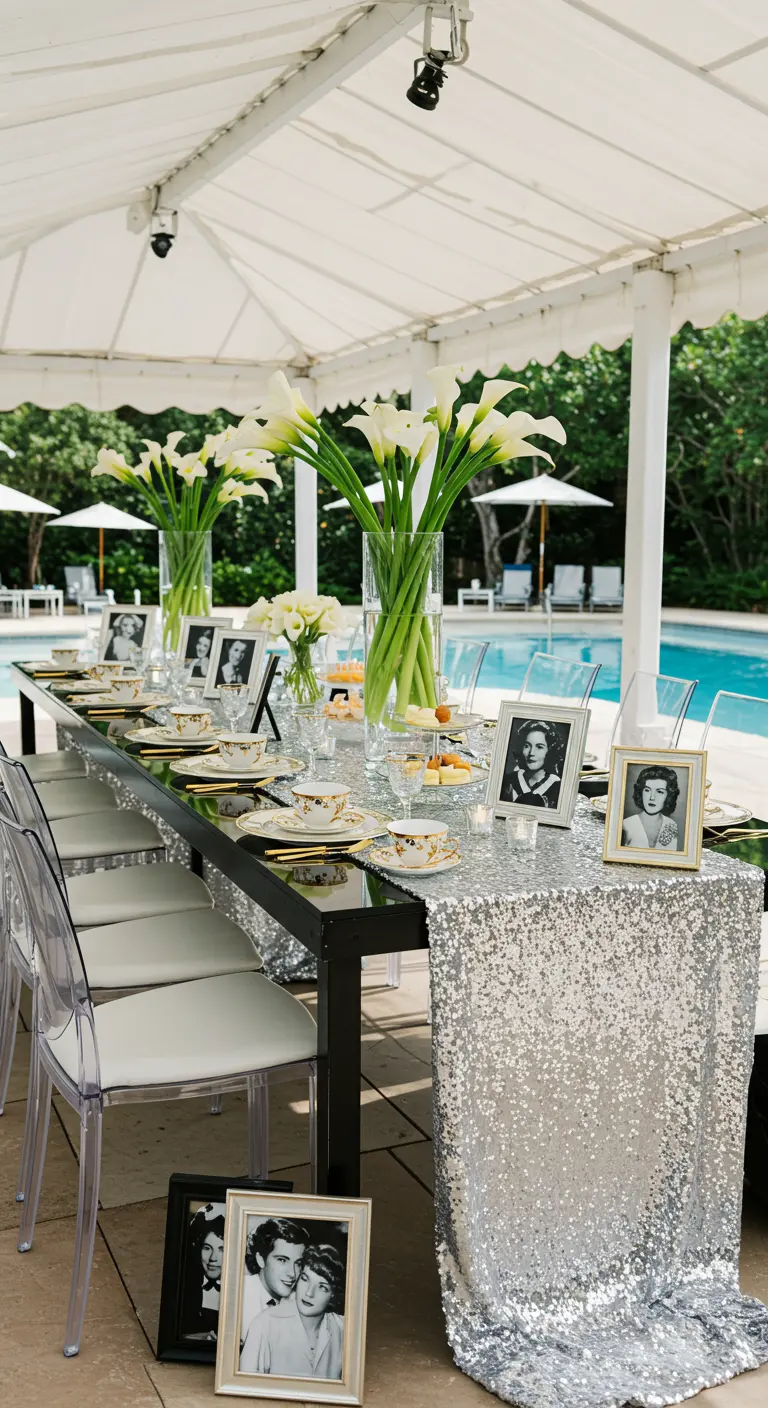 A glamorous poolside tea party table with a silver sequin runner and framed photos of movie stars.
