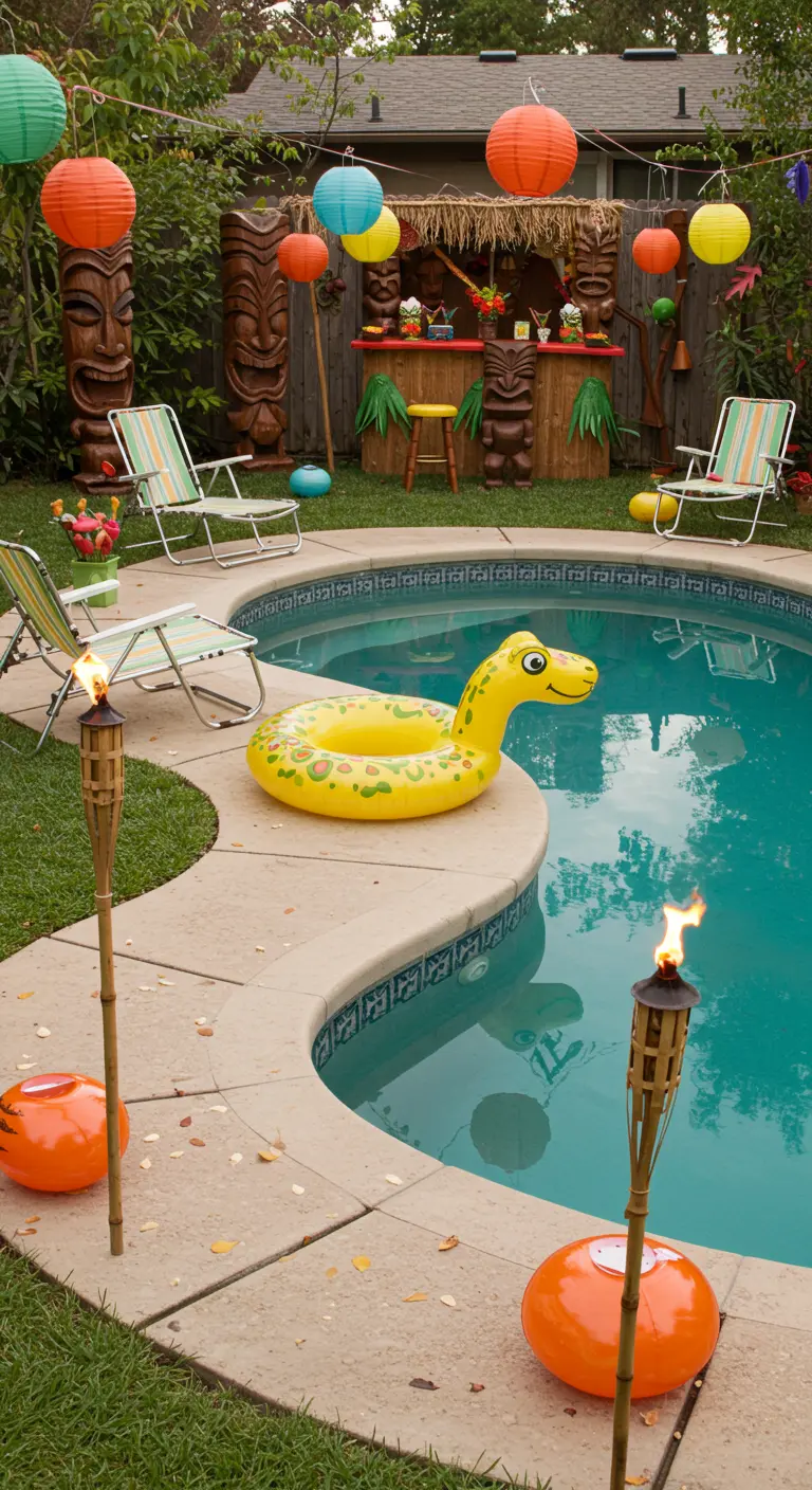 Retro tiki-themed backyard party with tiki statues and colorful paper lanterns.