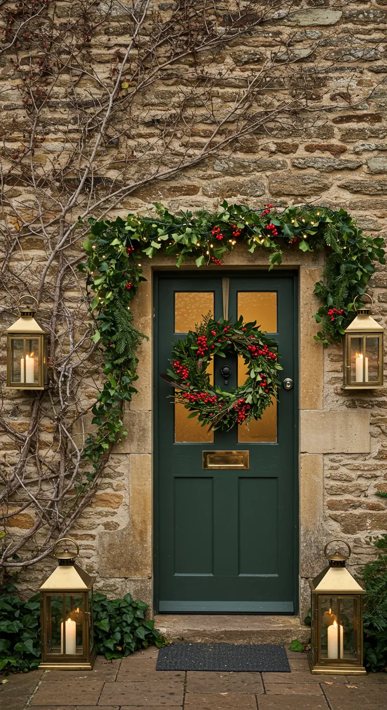 Stone cottage with a green door, brass lanterns, and a garland of ivy and red berries.