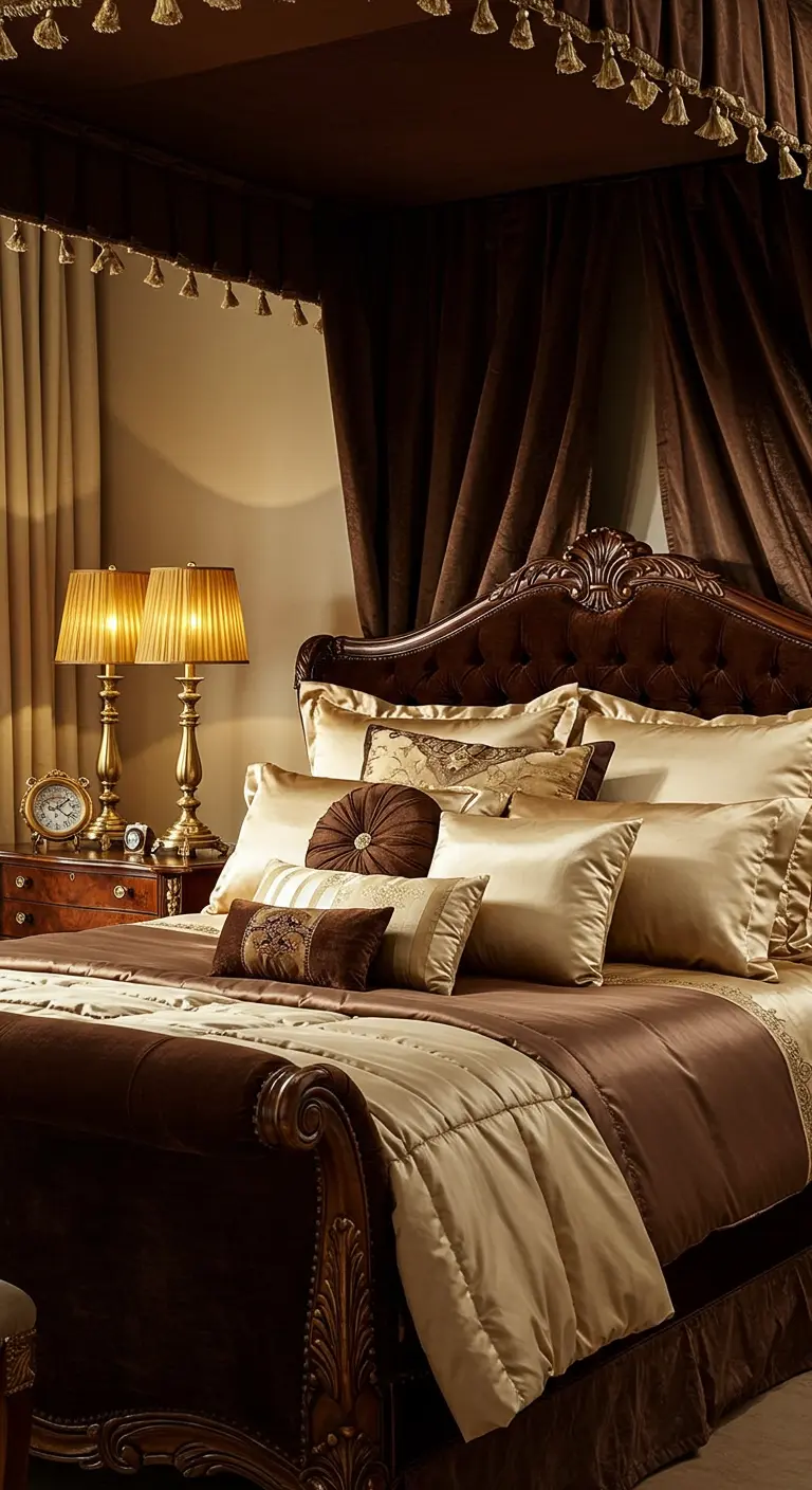 Luxurious bedroom with a dark wood bed, layered brown and gold bedding, and a tassel canopy.