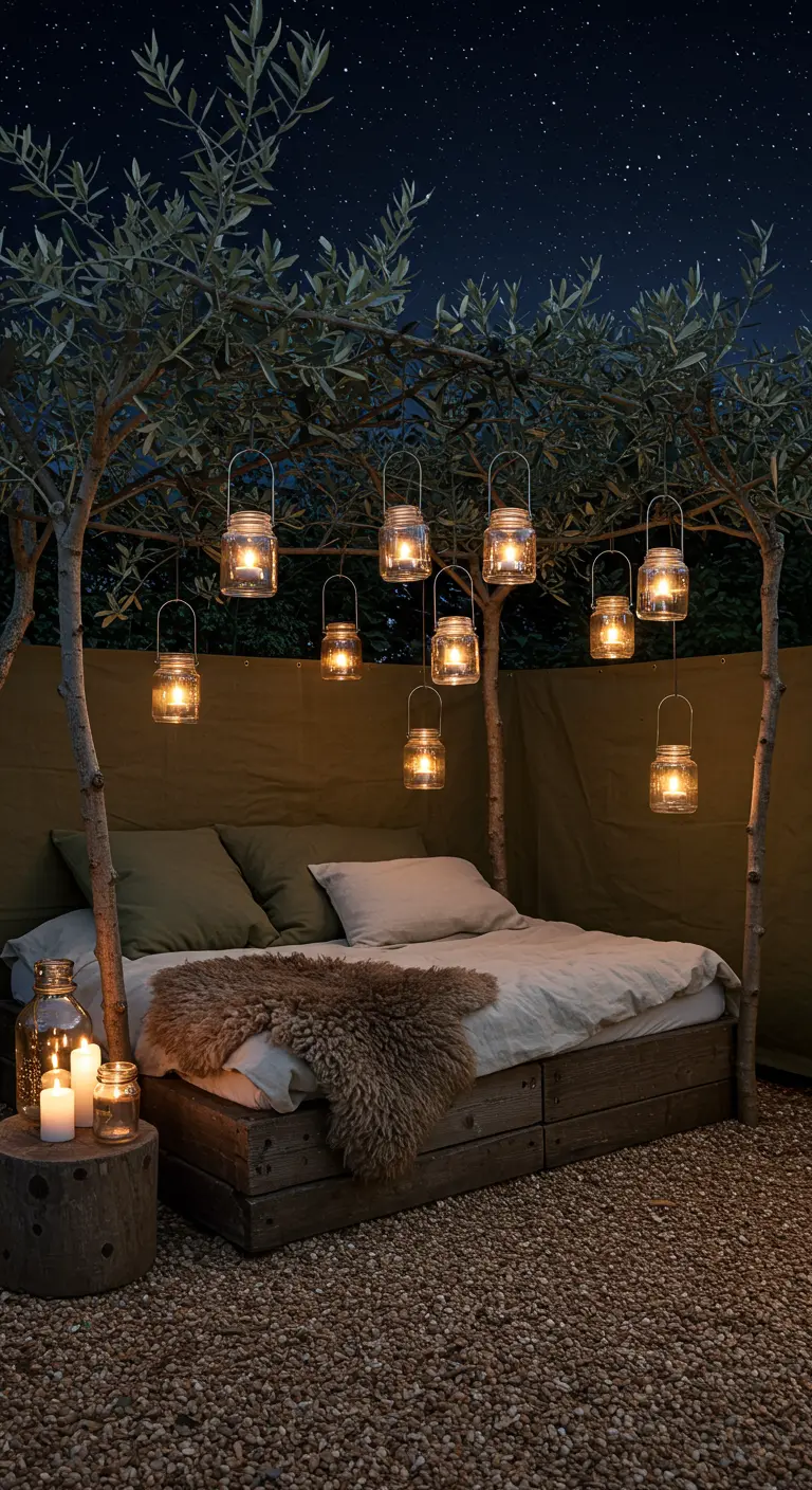 A rustic bed between two olive trees with hanging mason jar lanterns.