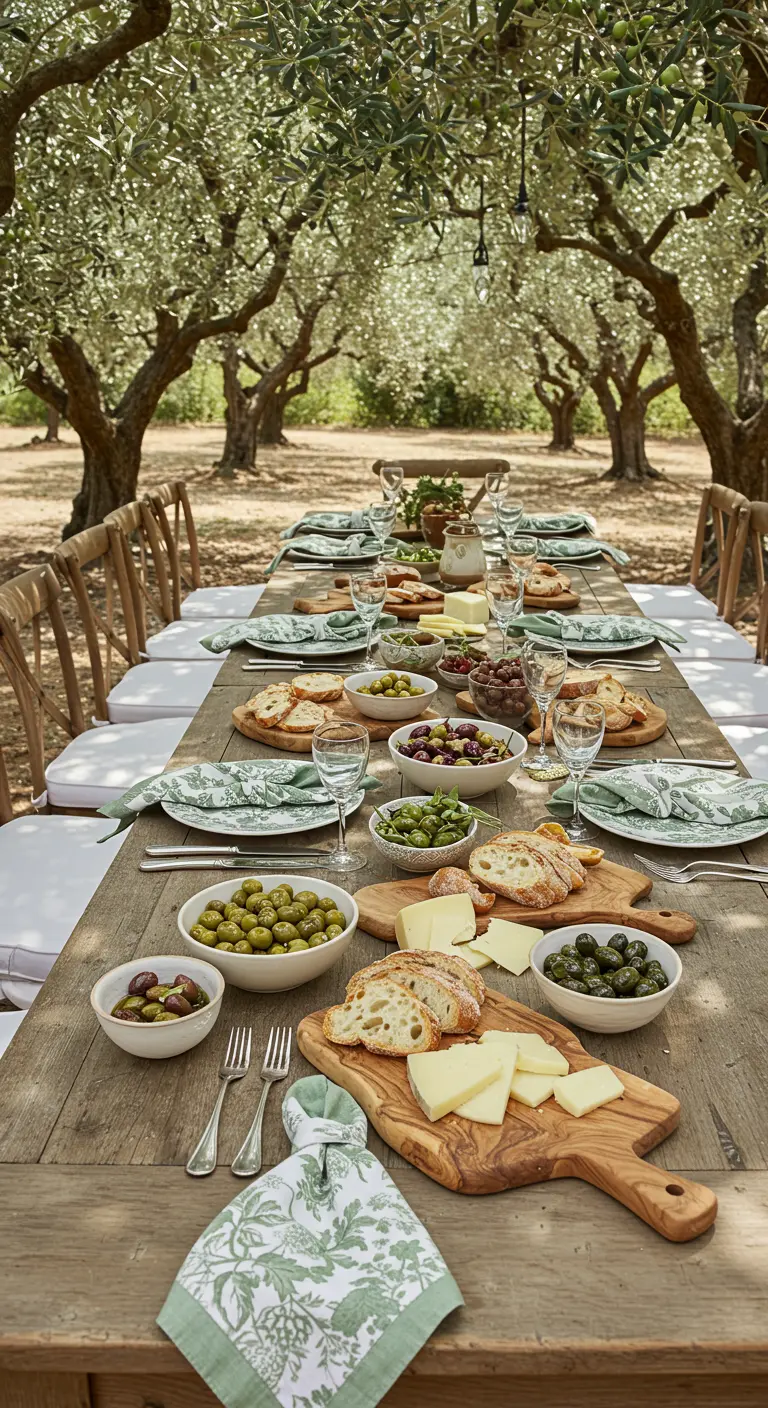 Table set in an olive grove with bowls of olives, cheese boards, and green toile.