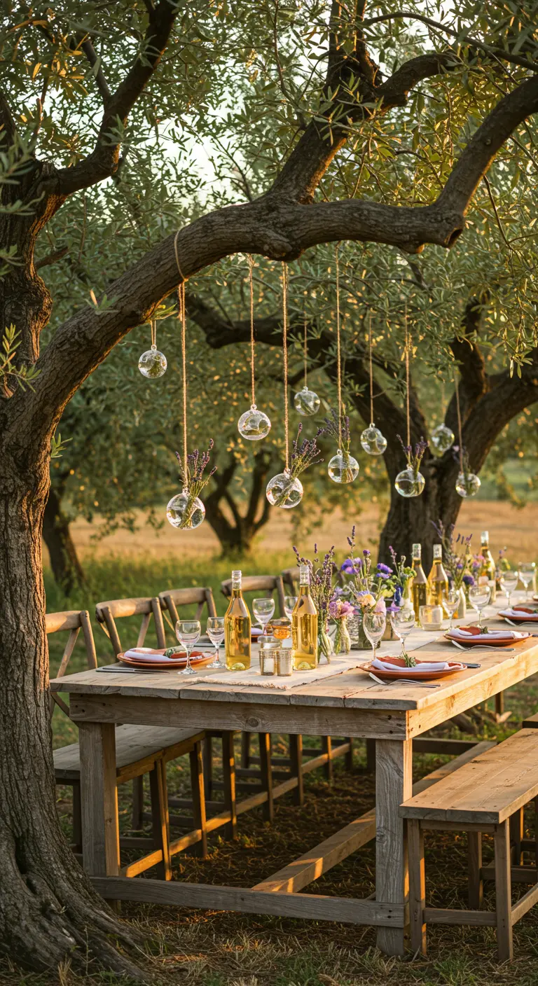 A rustic wooden table under an olive tree with hanging glass orbs holding lavender.