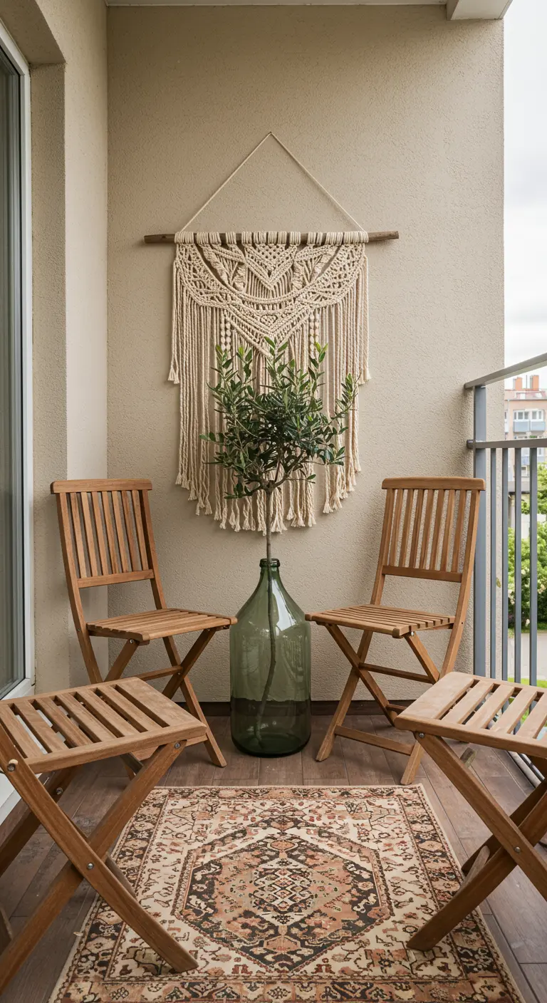 An olive tree in a large glass vase as a centerpiece on a boho balcony.