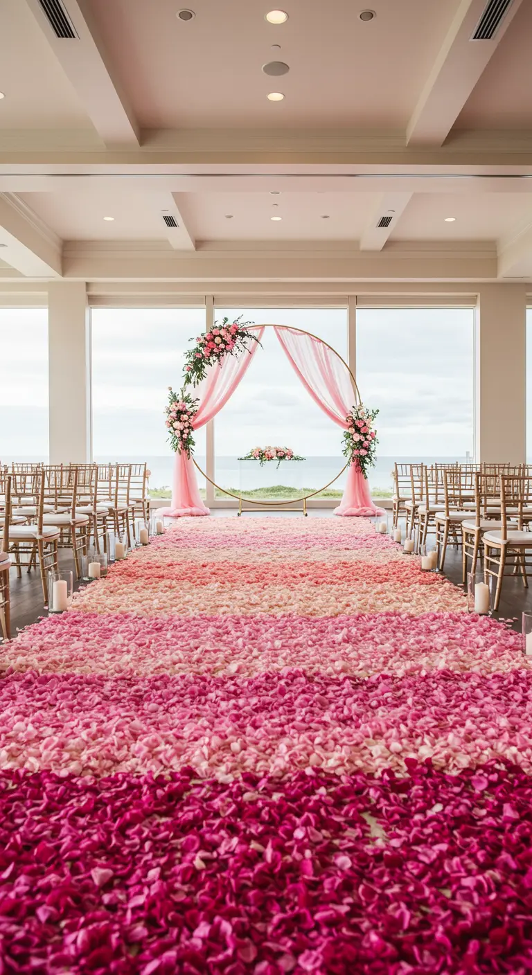 Circular gold wedding arch with pink ombre draping and a matching ombre rose petal aisle.
