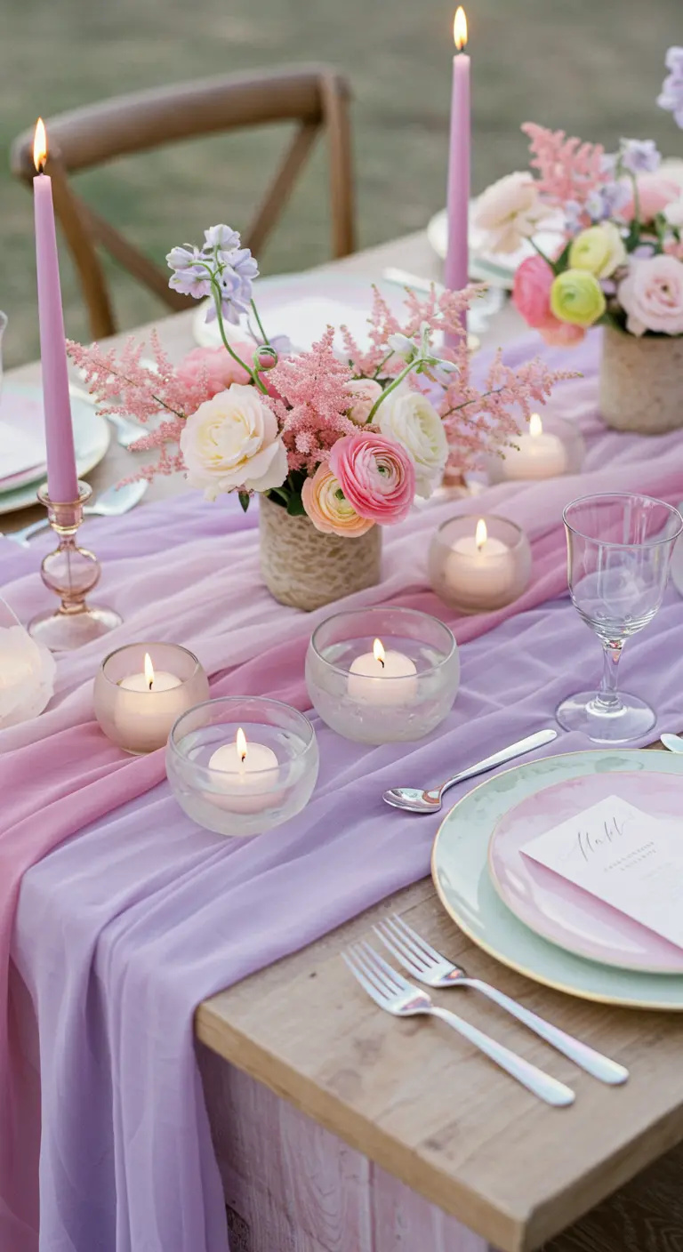 Tablescape with a pink-to-purple ombre runner, matching flowers, and floating candles.