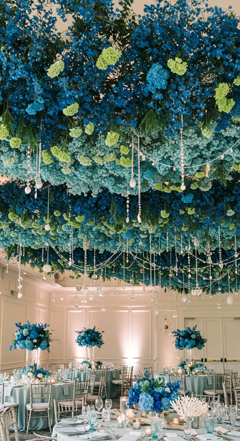 A floral ceiling in ombré shades of blue and green, with hanging crystal strands.