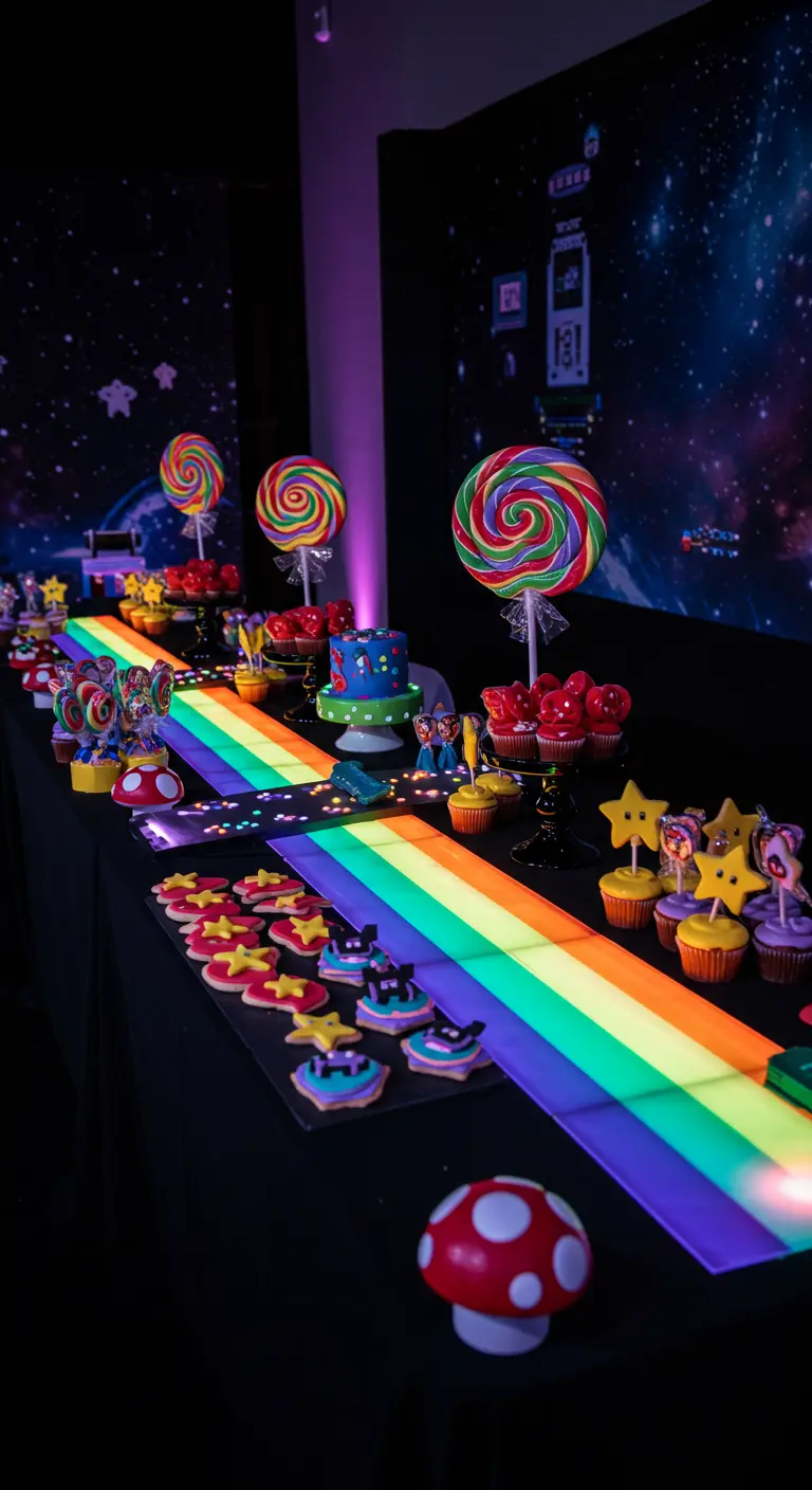 Mario Kart Rainbow Road themed dessert table with a glowing track and character treats.