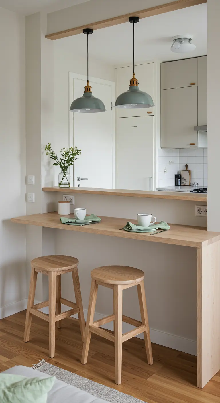 A kitchen pass-through bar with two green pendant lights and simple wood stools.