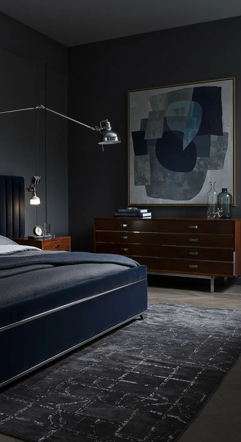 Masculine Art Deco bedroom with dark walls, a navy bed, and an abstract painting.