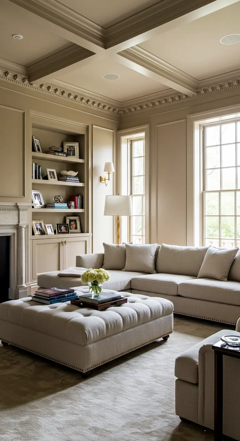 Neoclassical living room with a large beige sectional sofa and a square tufted ottoman coffee table.