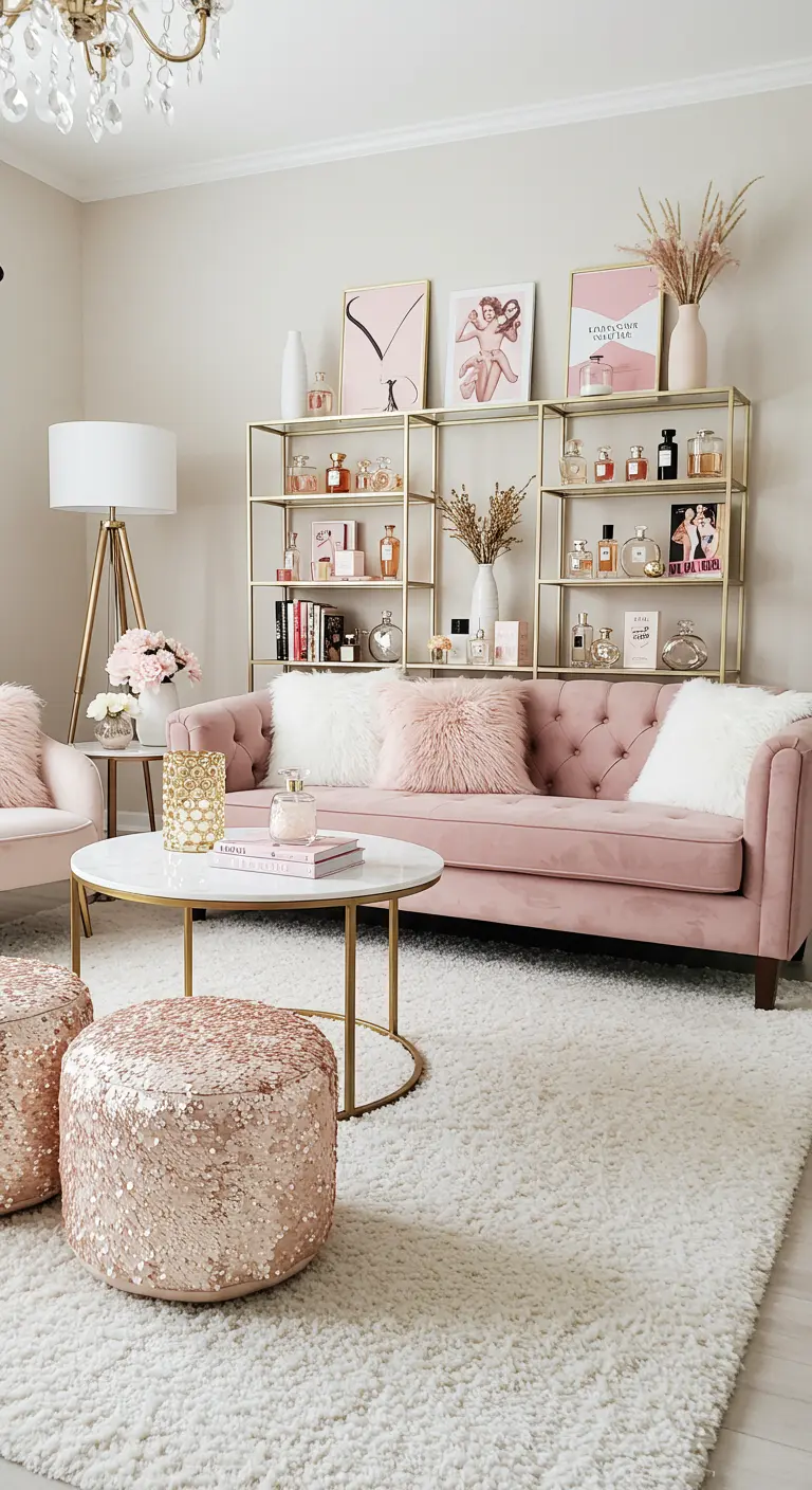 Feminine living room with a pink sofa, gold shelving, and sparkling pink sequin poufs.