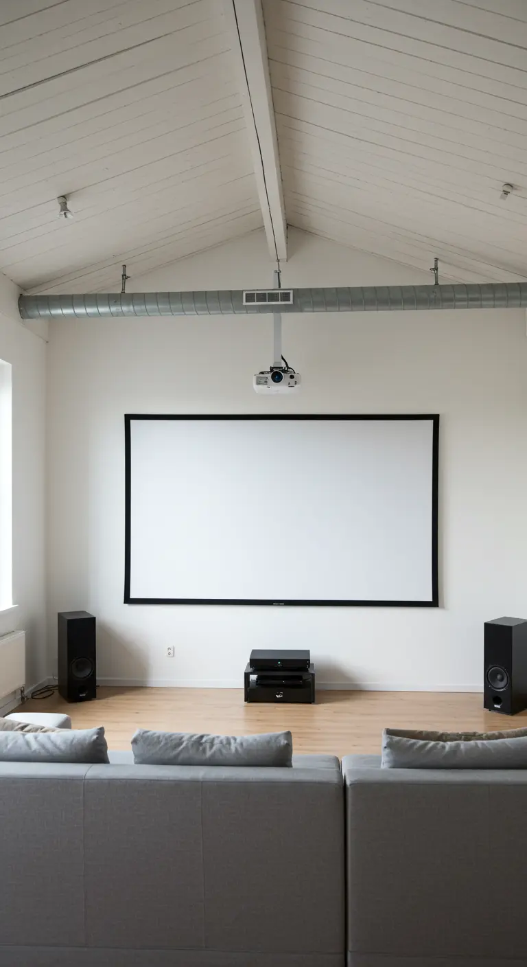 A minimalist loft living room with a large projector screen on the wall and a grey sofa facing it.