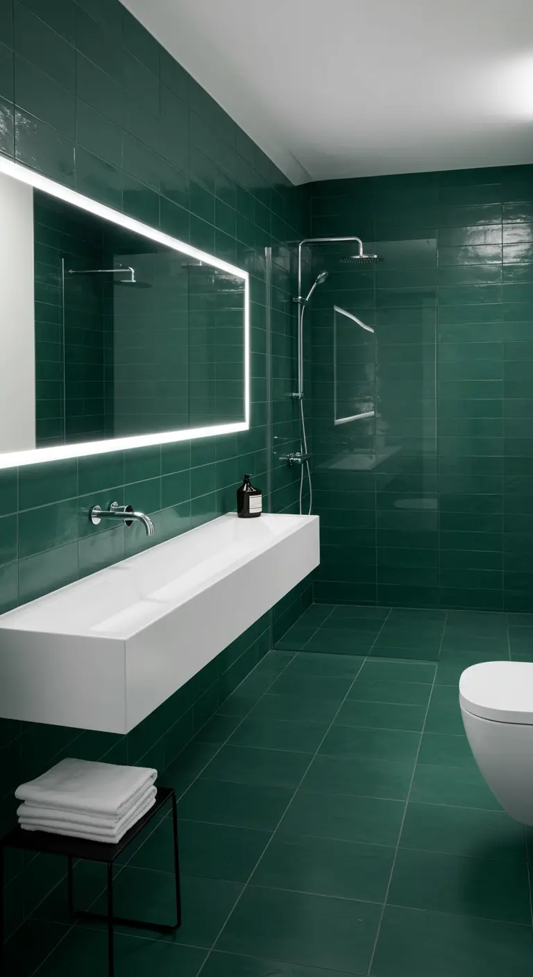 A minimalist bathroom with glossy emerald green tiles, a white floating sink, and a large LED mirror.