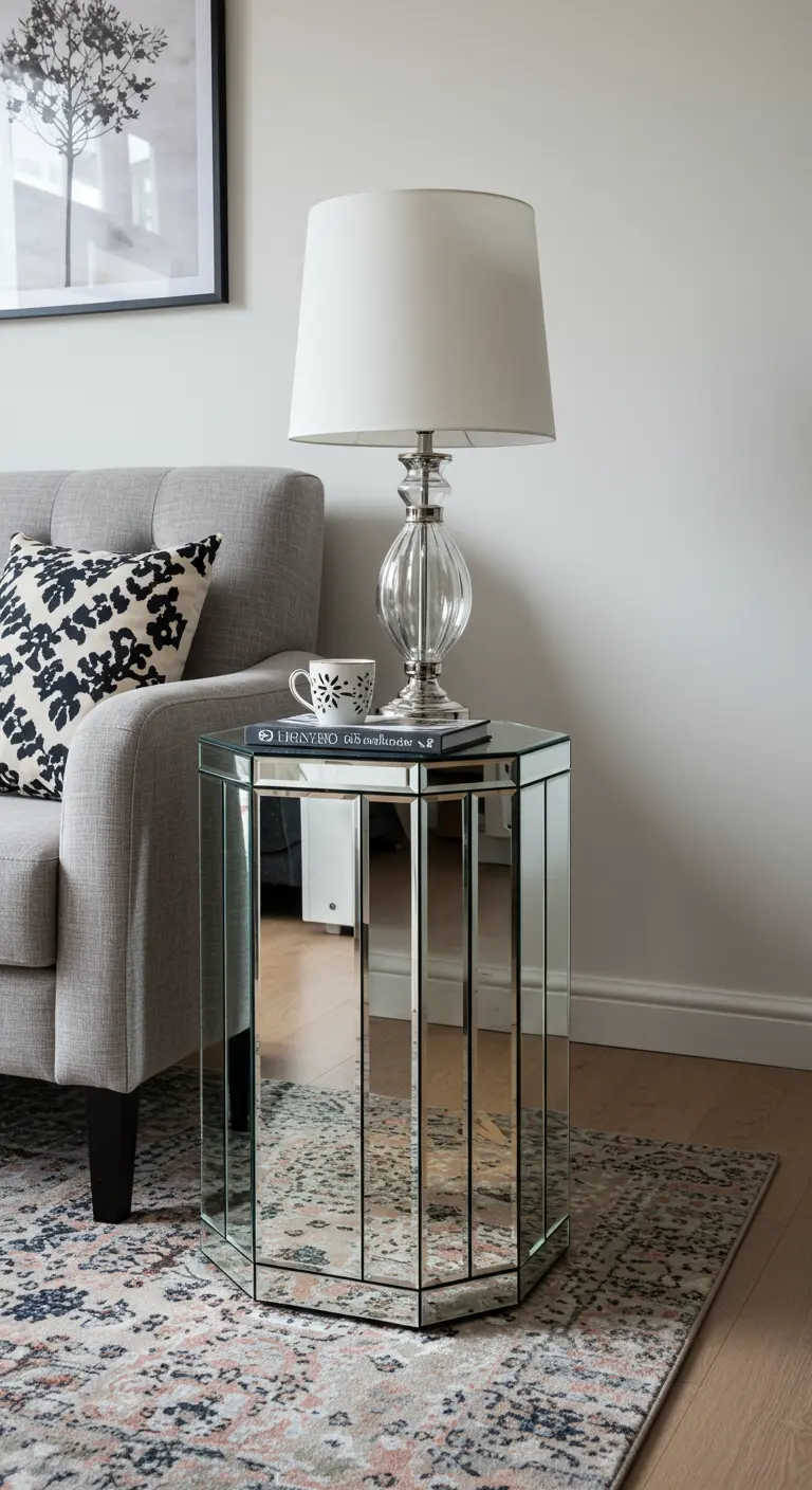 A hexagonal mirrored side table next to a gray armchair, reflecting the patterned rug.