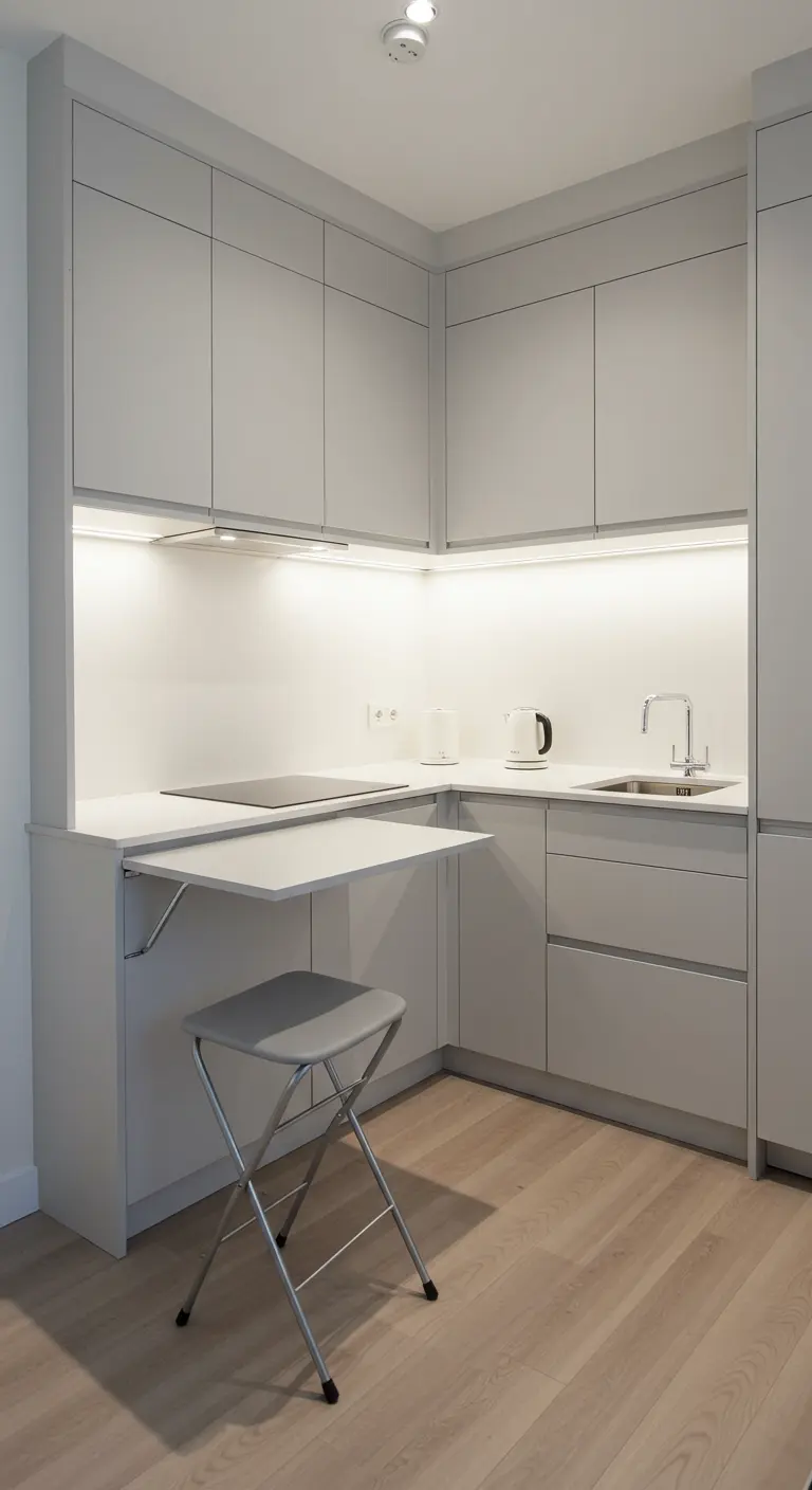 Minimalist grey kitchen with a simple wall-mounted folding table and matching chair.