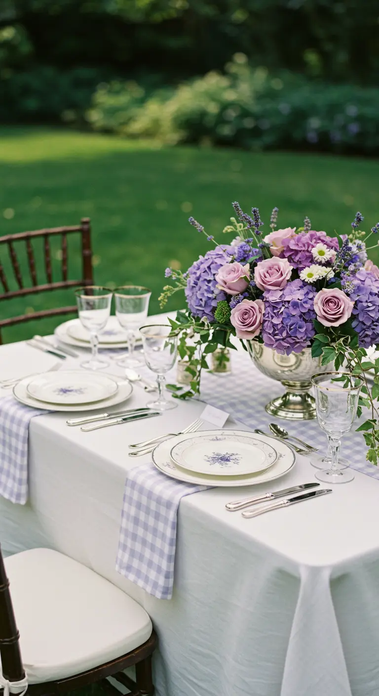 Elegant garden table with a silver bowl centerpiece filled with purple and pink florals.