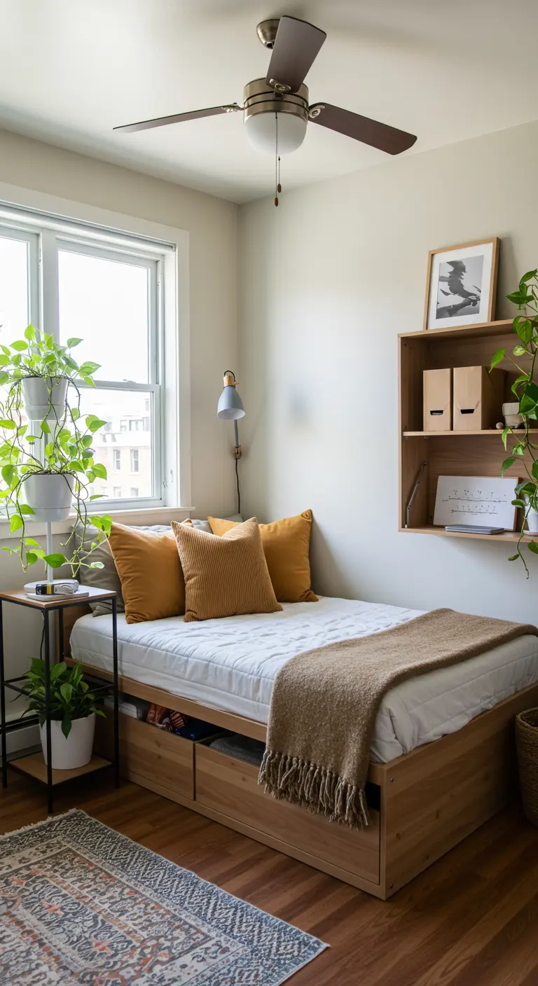 A small bedroom with a bed that has storage drawers and a floating shelf on the wall.
