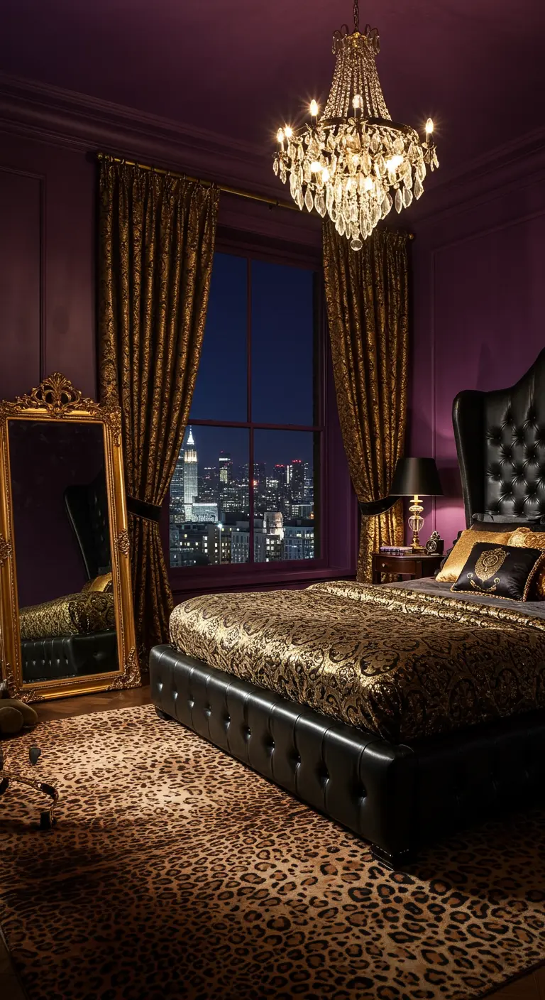 Purple bedroom with a black leather bed, gold accents, and a leopard print rug.