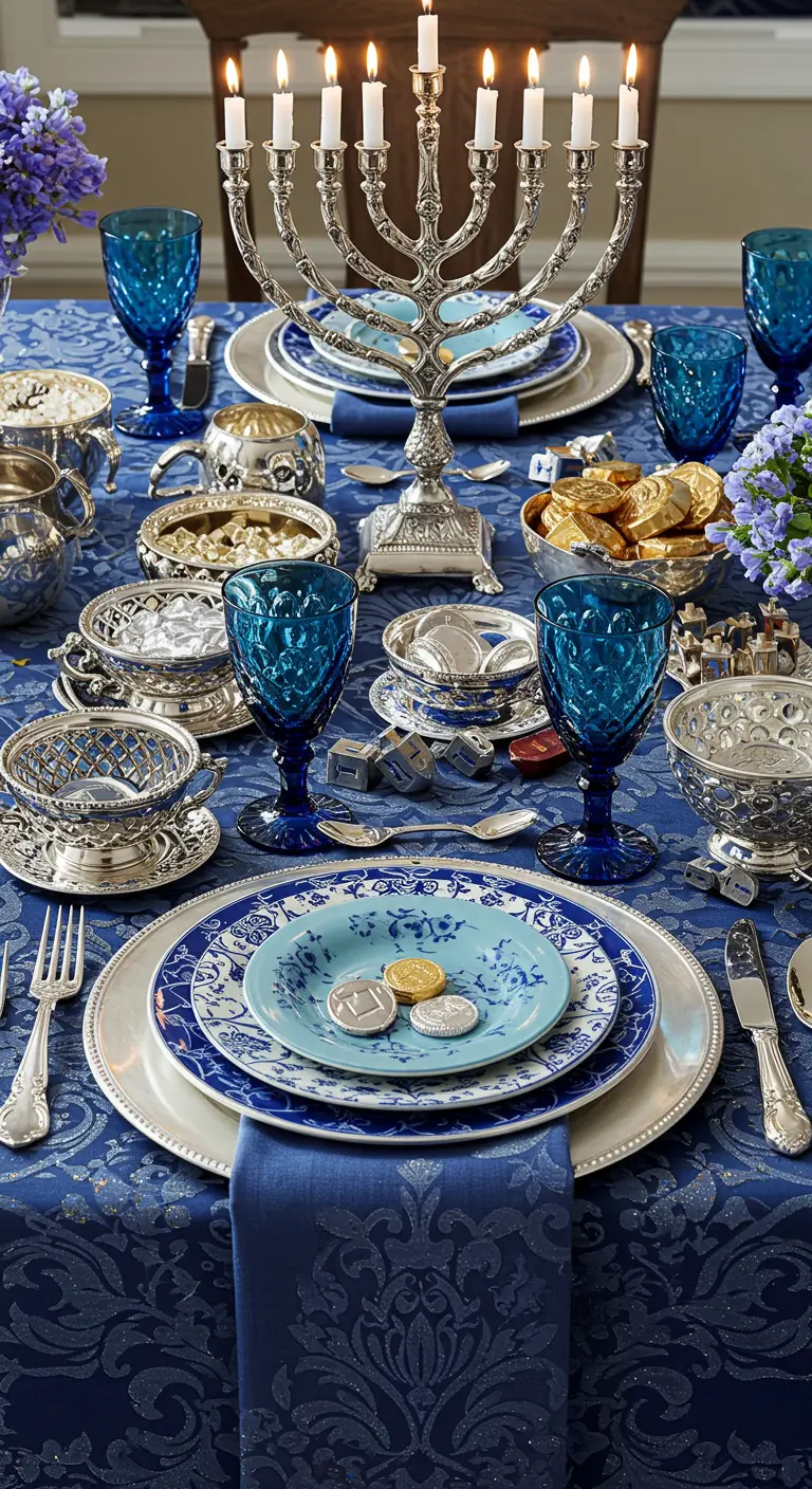 A lavish Hanukkah tablescape with layered blue plates, a damask cloth, and ornate silver.