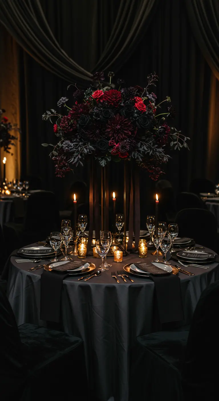 A lavish round table with a tall black and red floral centerpiece and gold-rimmed glasses.