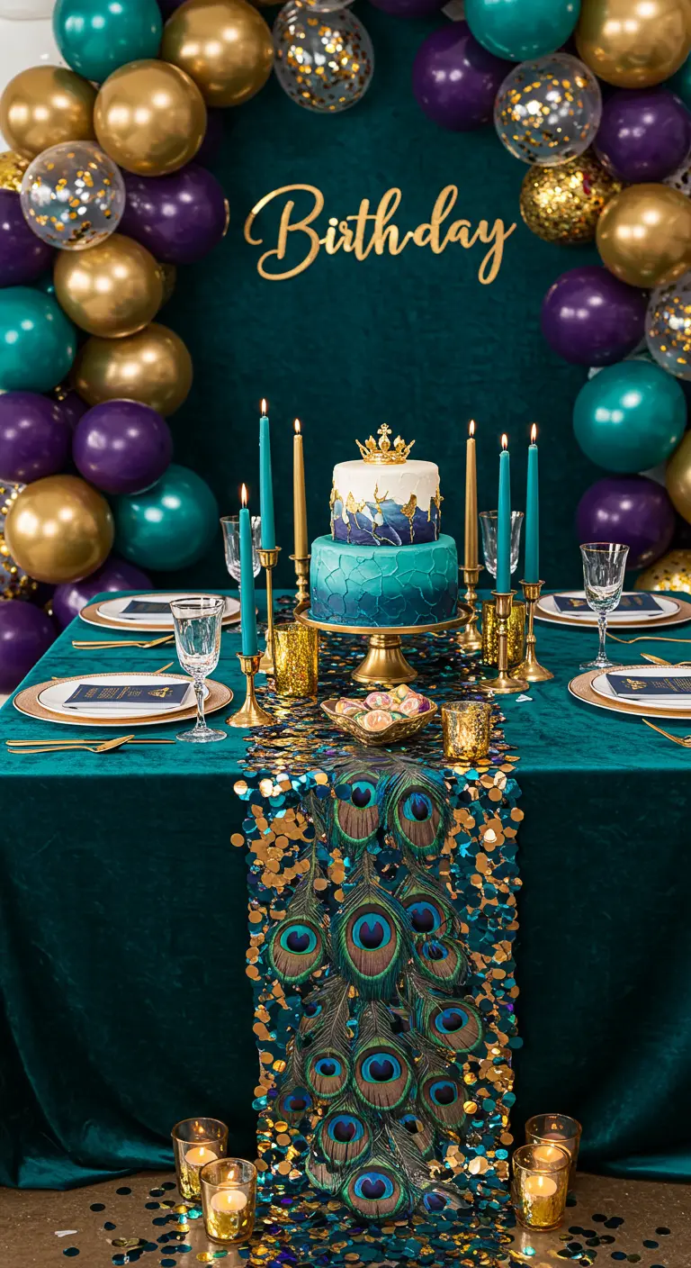 Teal table with a peacock feather runner, teal candles, and a gold and teal cake.