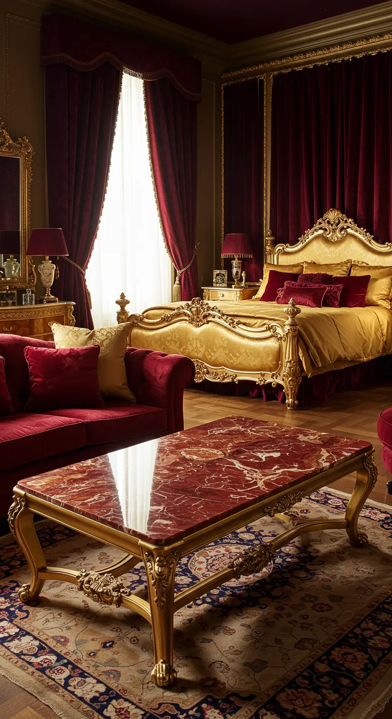 Ornate bedroom with a gold bed, red velvet, and a red marble table.