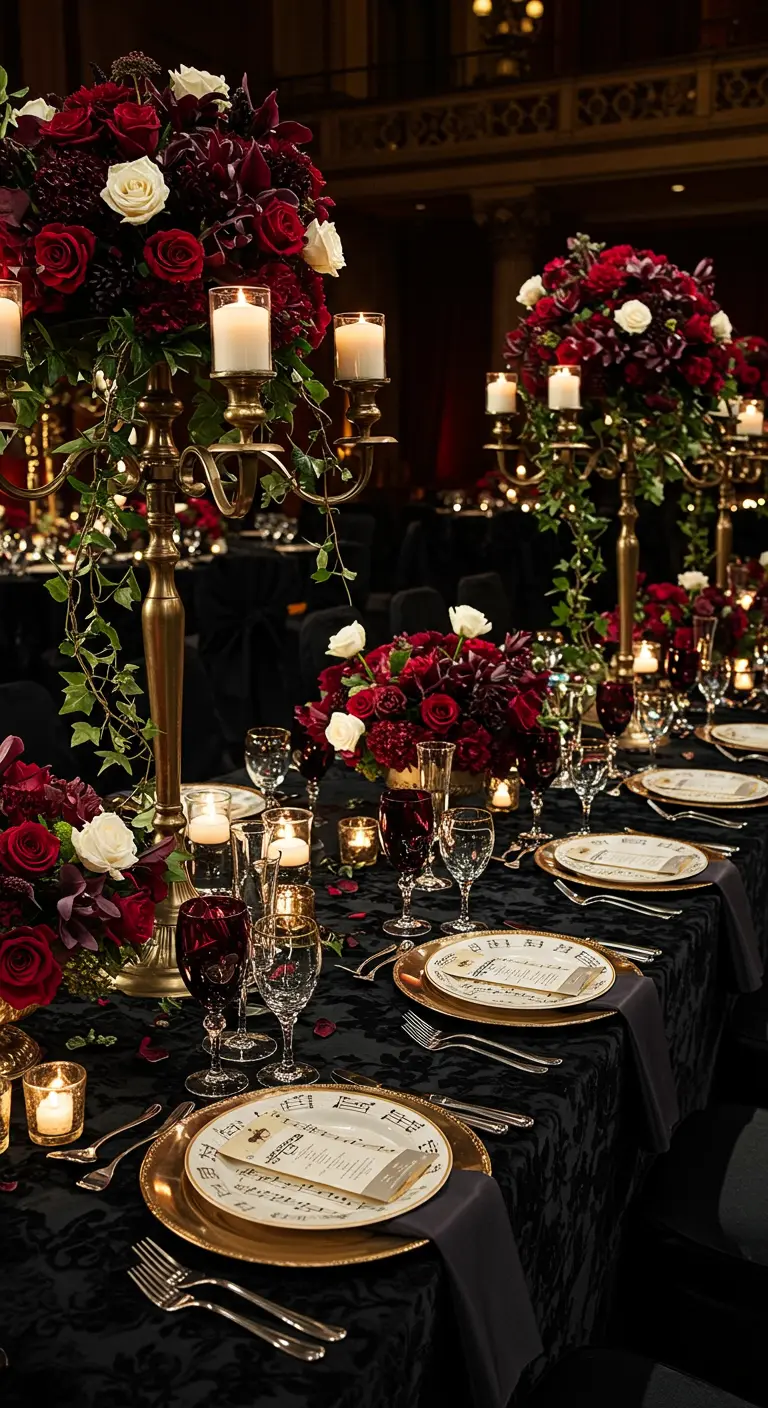 Elegant black-and-gold table with tall candelabras holding red and white roses.
