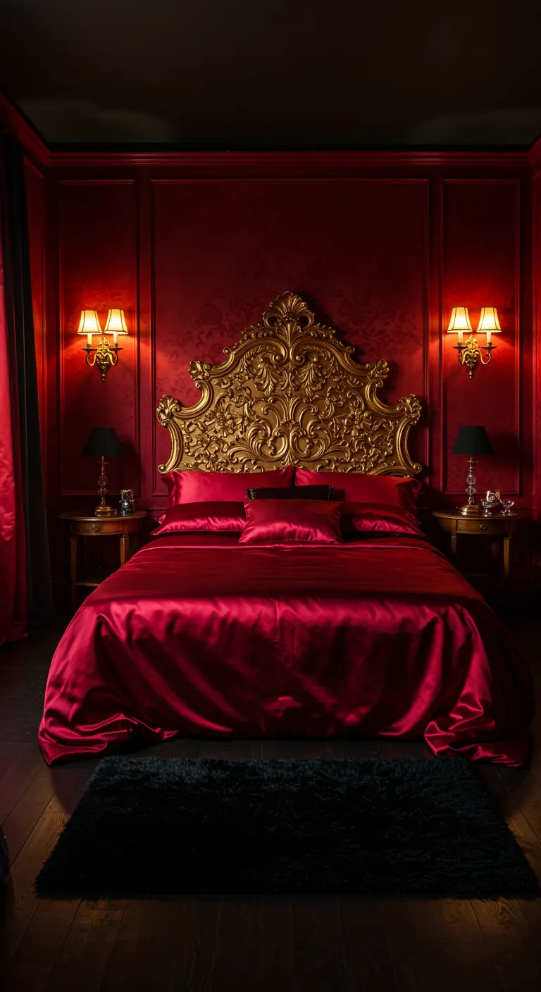 Luxurious bedroom with a gilded baroque headboard and red satin sheets.