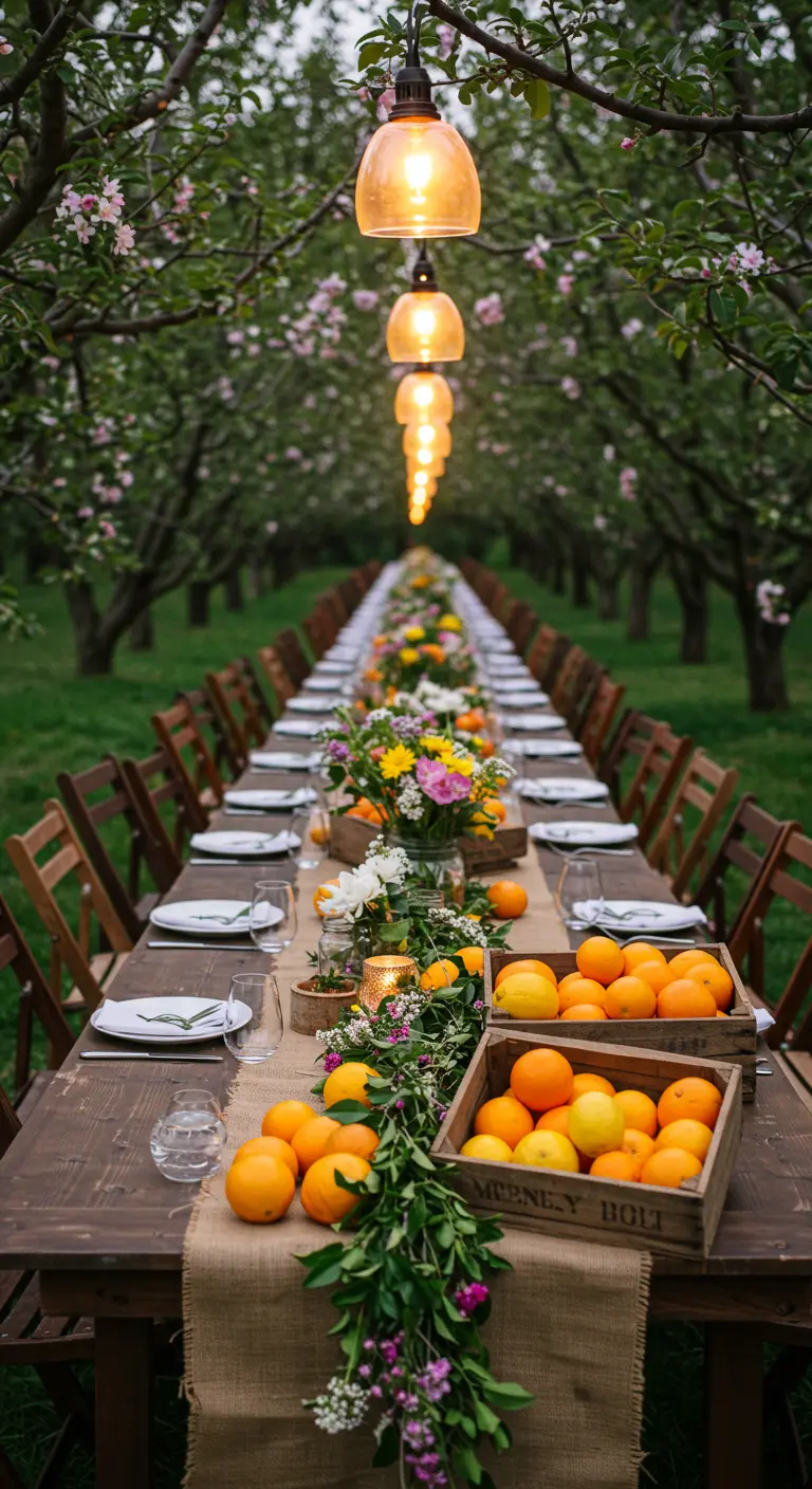 A long dining table in an orchard with a burlap runner and a wildflower and orange garland.