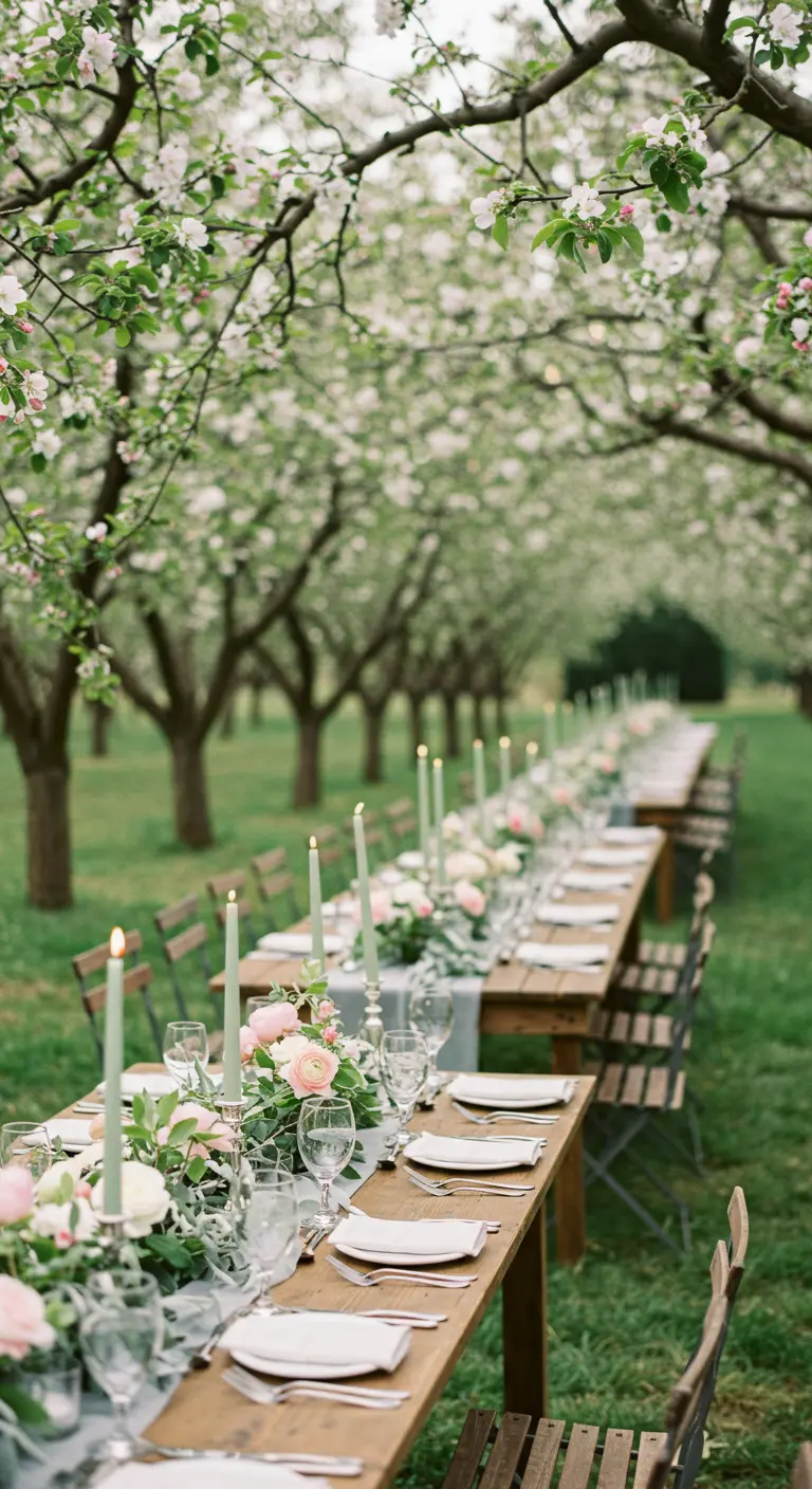 Long tables in a blooming apple orchard with greenery runners and pink flowers.