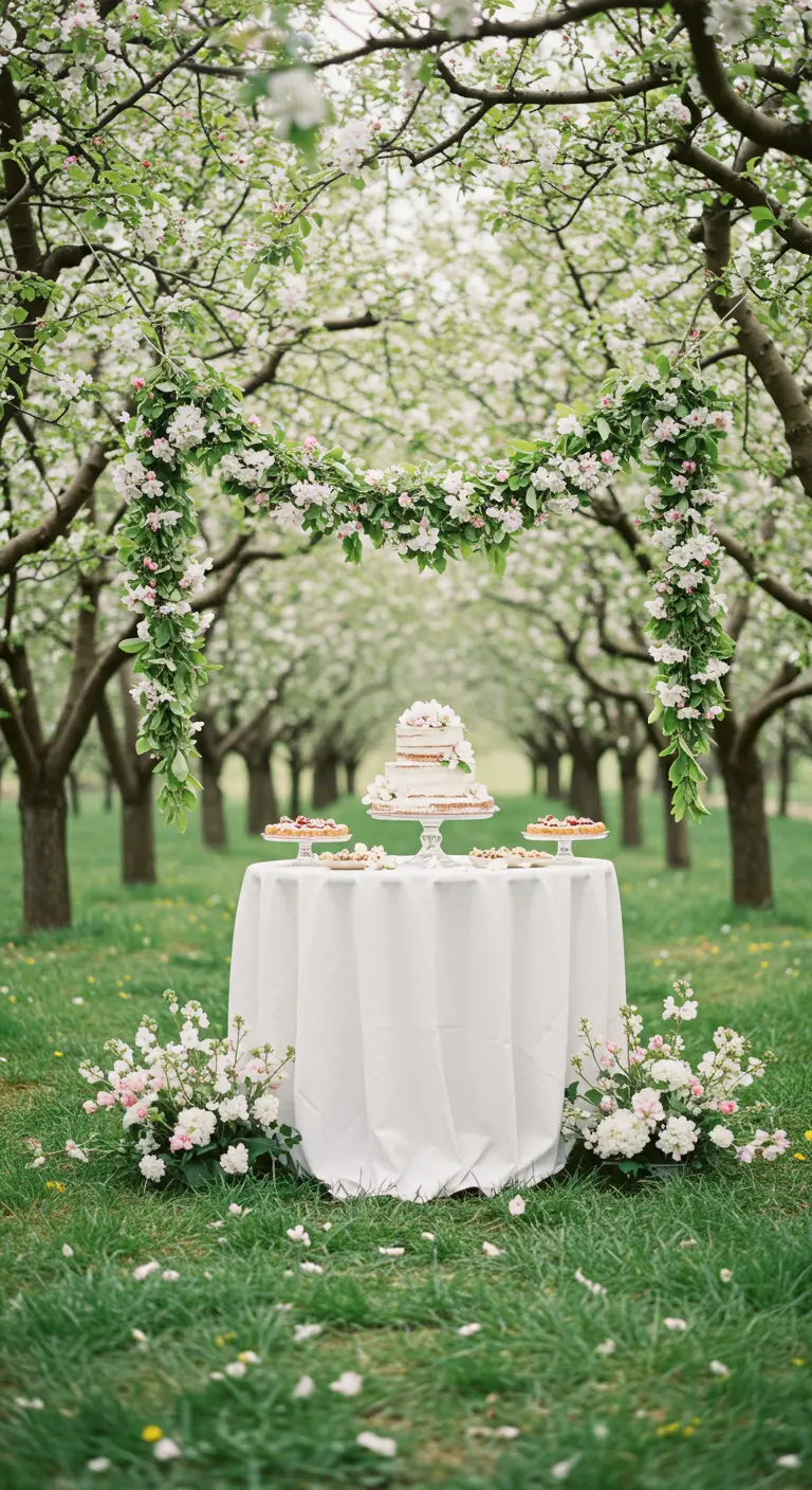 Wedding cake in an apple orchard under a hanging garland of white blossoms.