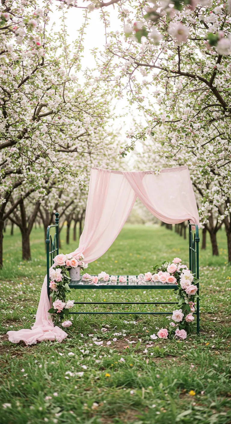 A green daybed with pink fabric and roses, set in a blossoming apple orchard.
