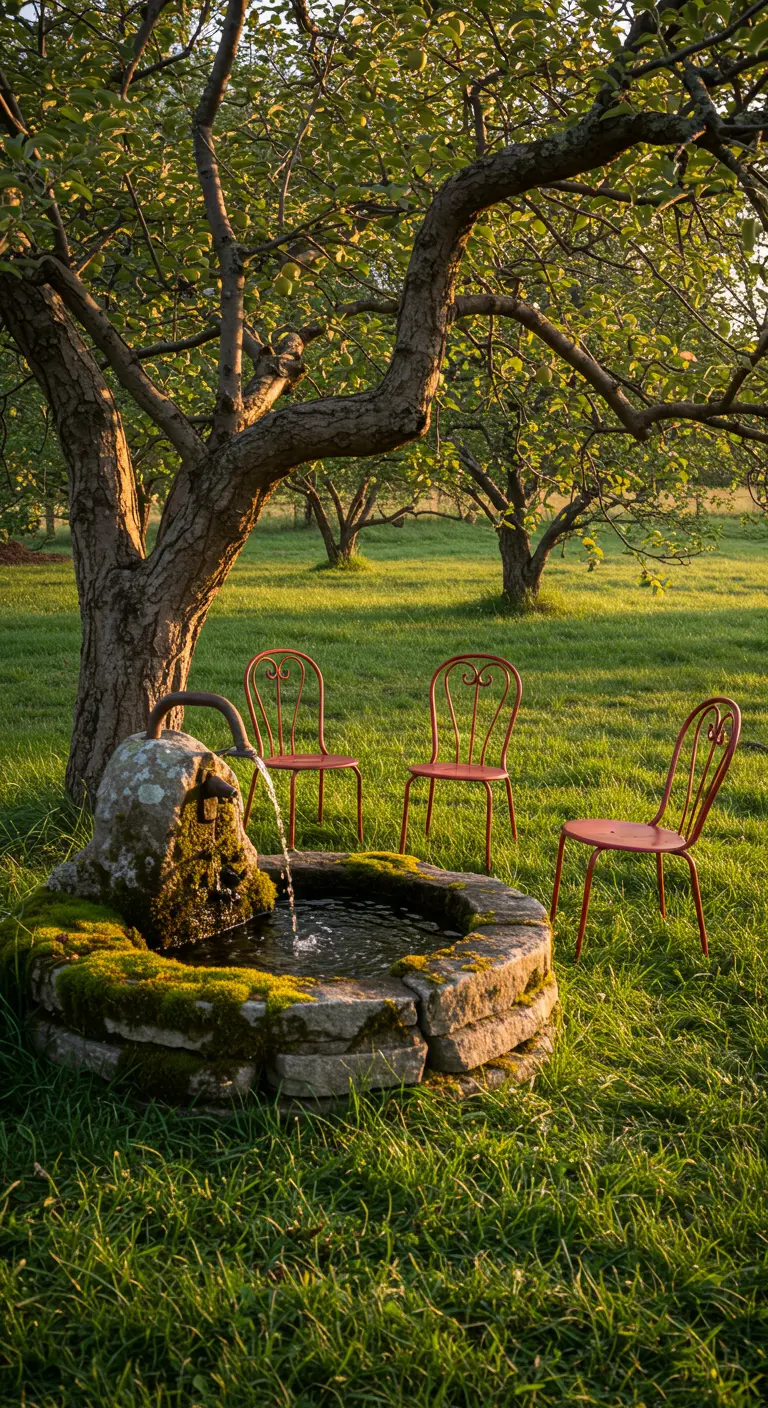 Rustic stone fountain under an apple tree with red wrought iron chairs.