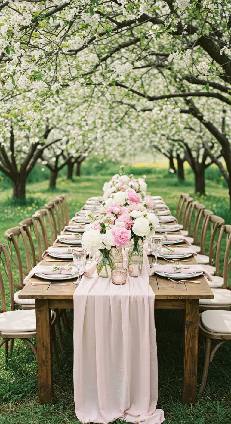 Long wooden table with pink runner and peonies under blooming trees.