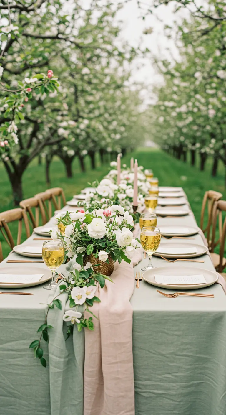 Long table in a blooming orchard with layered sage green and blush pink runners.