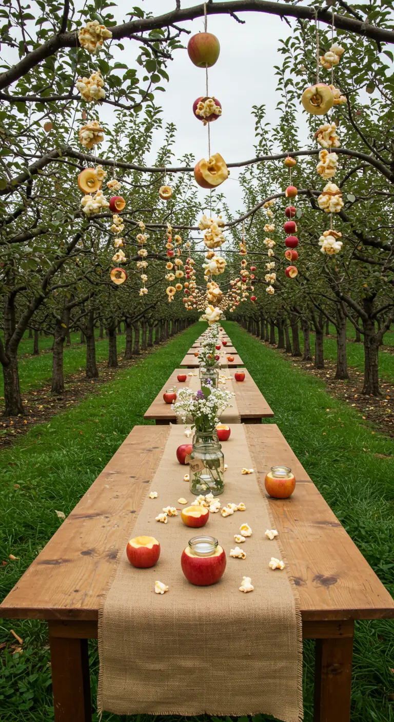 Long dining table in an apple orchard with hanging apple decorations.