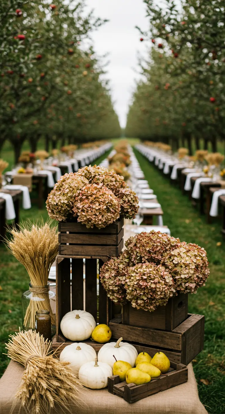 An orchard tablescape featuring wooden crates with hydrangeas, wheat, and white pumpkins.