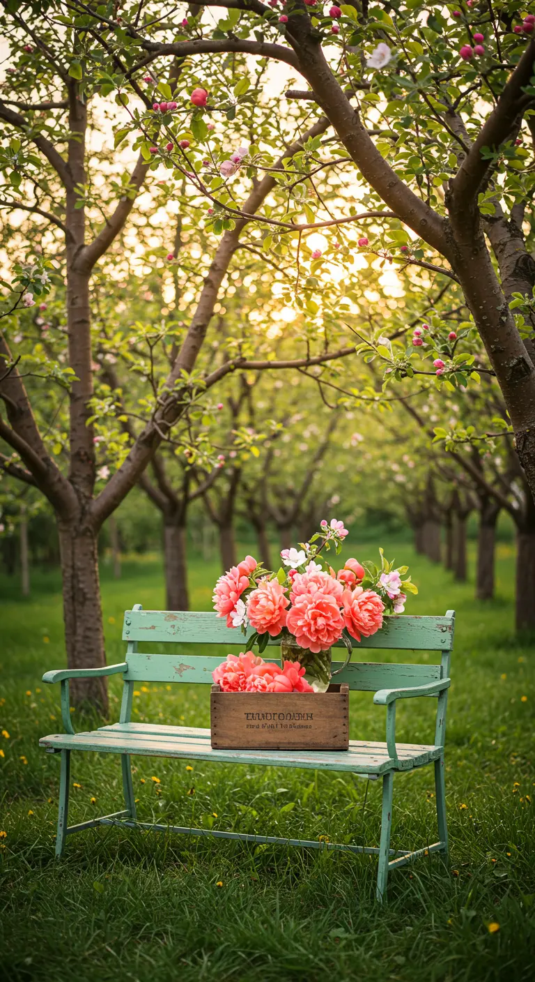 A seafoam green bench with coral peonies in a crate, set in a blooming orchard.