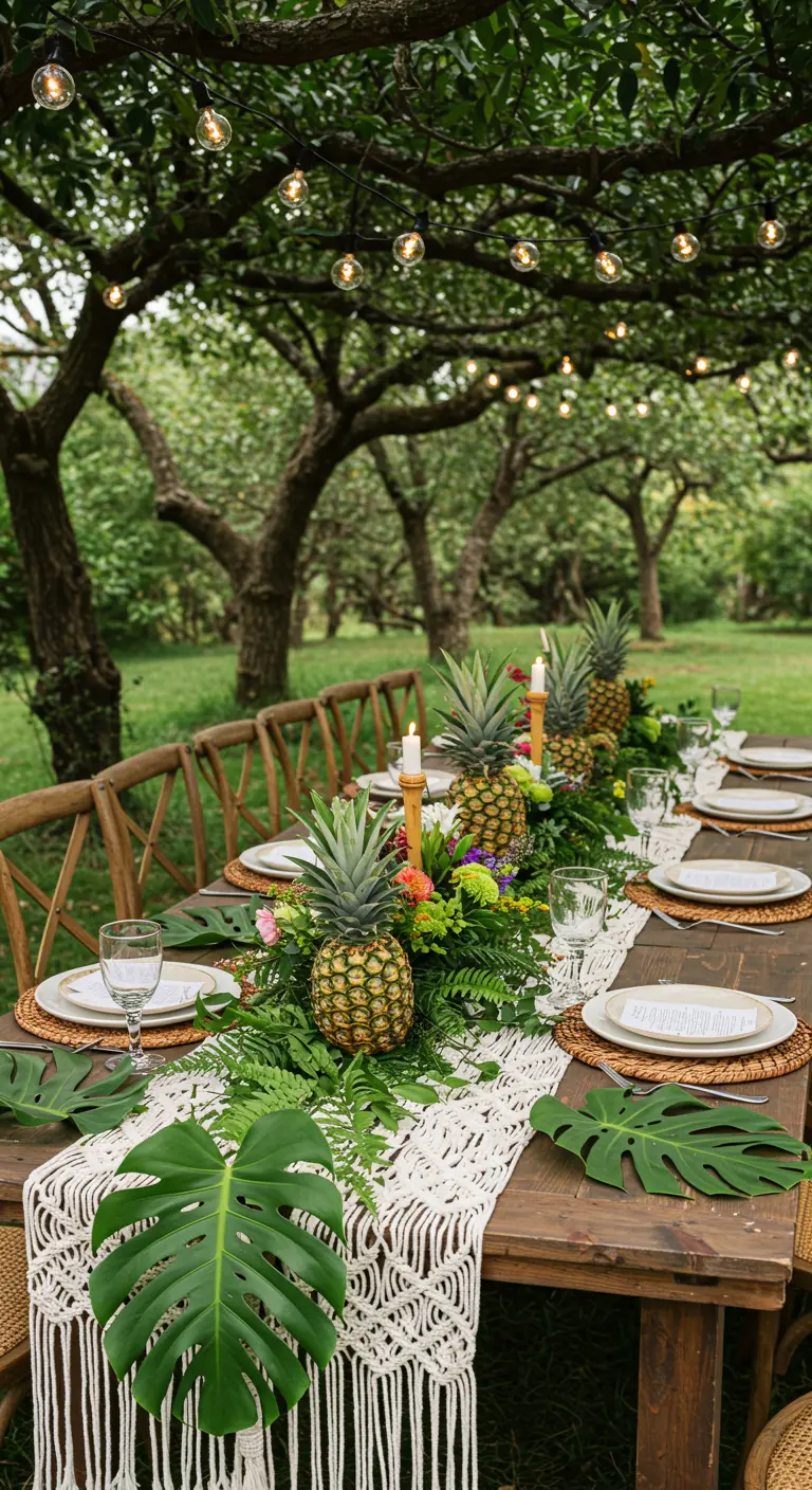 Long wooden table with a macrame runner and pineapple-fern centerpiece in an orchard